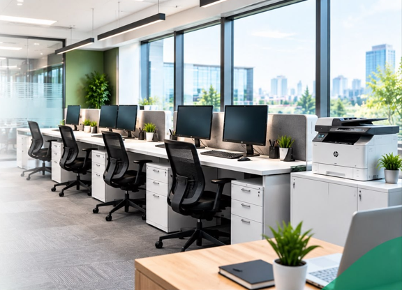 Modern office with computers, workstations and equipment